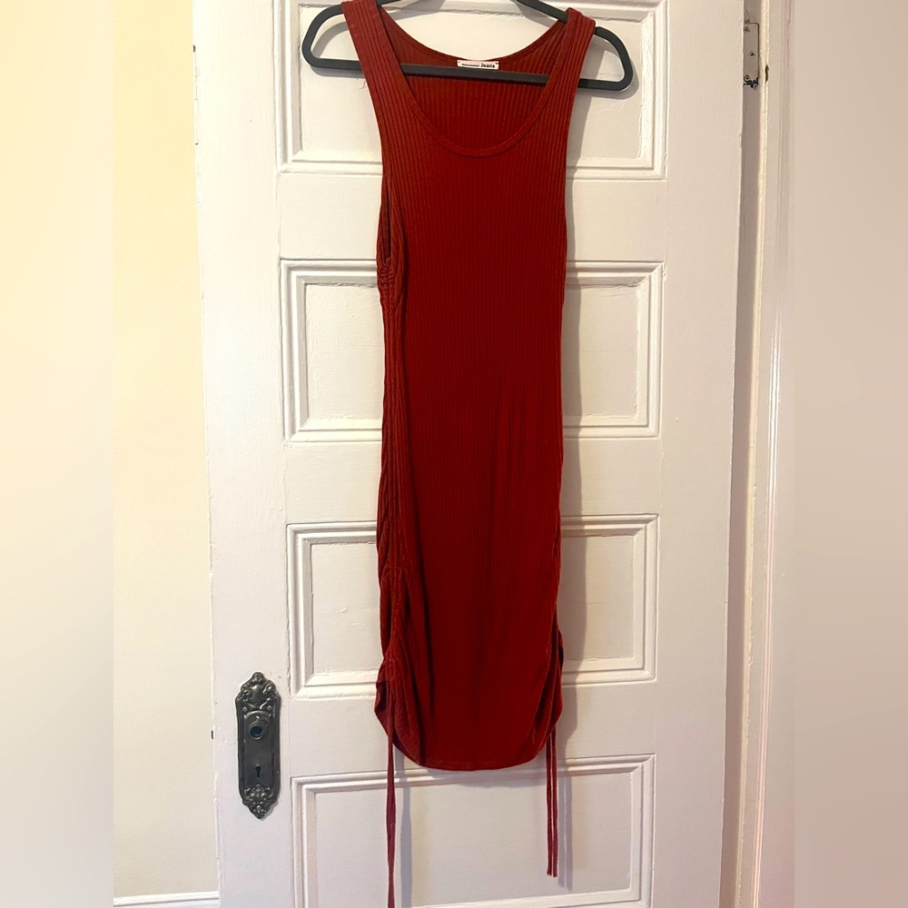 Reformation Rusted Orange Sleeveless Ribbed Dress with Ruched adjustable sides